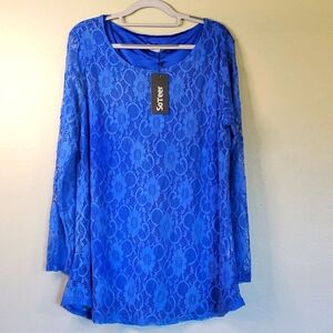 NWT SoTeer women's lace tunic blouse. Royal blue with liner. Size XL